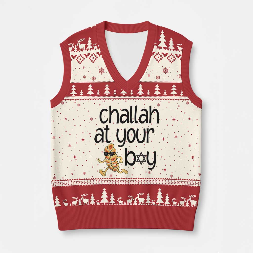 Festival Of Lights Gift V-Neck Knit Sweater Vest Hanukkah Challah At Ya Boy - Wonder Print Shop