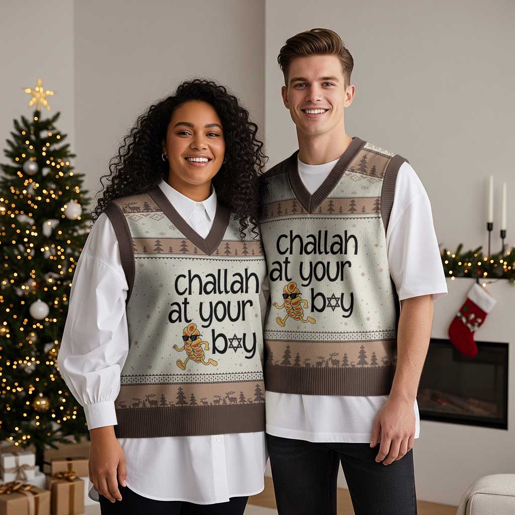 Festival Of Lights Gift V-Neck Knit Sweater Vest Hanukkah Challah At Ya Boy - Wonder Print Shop