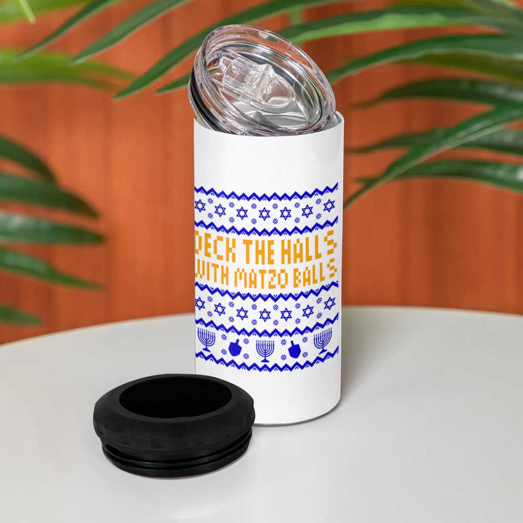 Funny Ugly Hanukkah 4 in 1 Can Cooler Tumbler Deck The Halls With Matzo Balls Jewish Gift - Wonder Print Shop