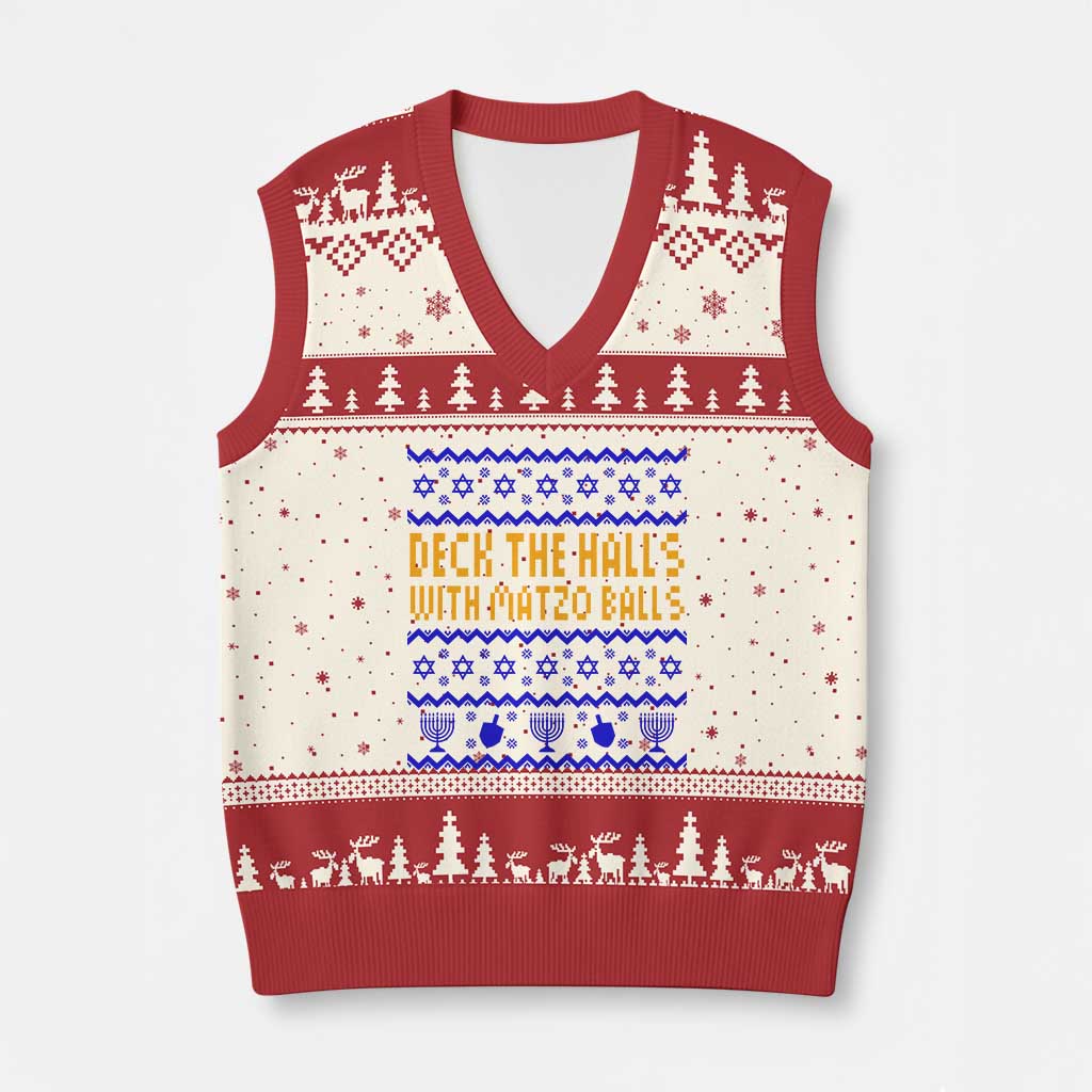 Funny Ugly Hanukkah V-Neck Knit Sweater Vest Deck The Halls With Matzo Balls Jewish Gift - Wonder Print Shop