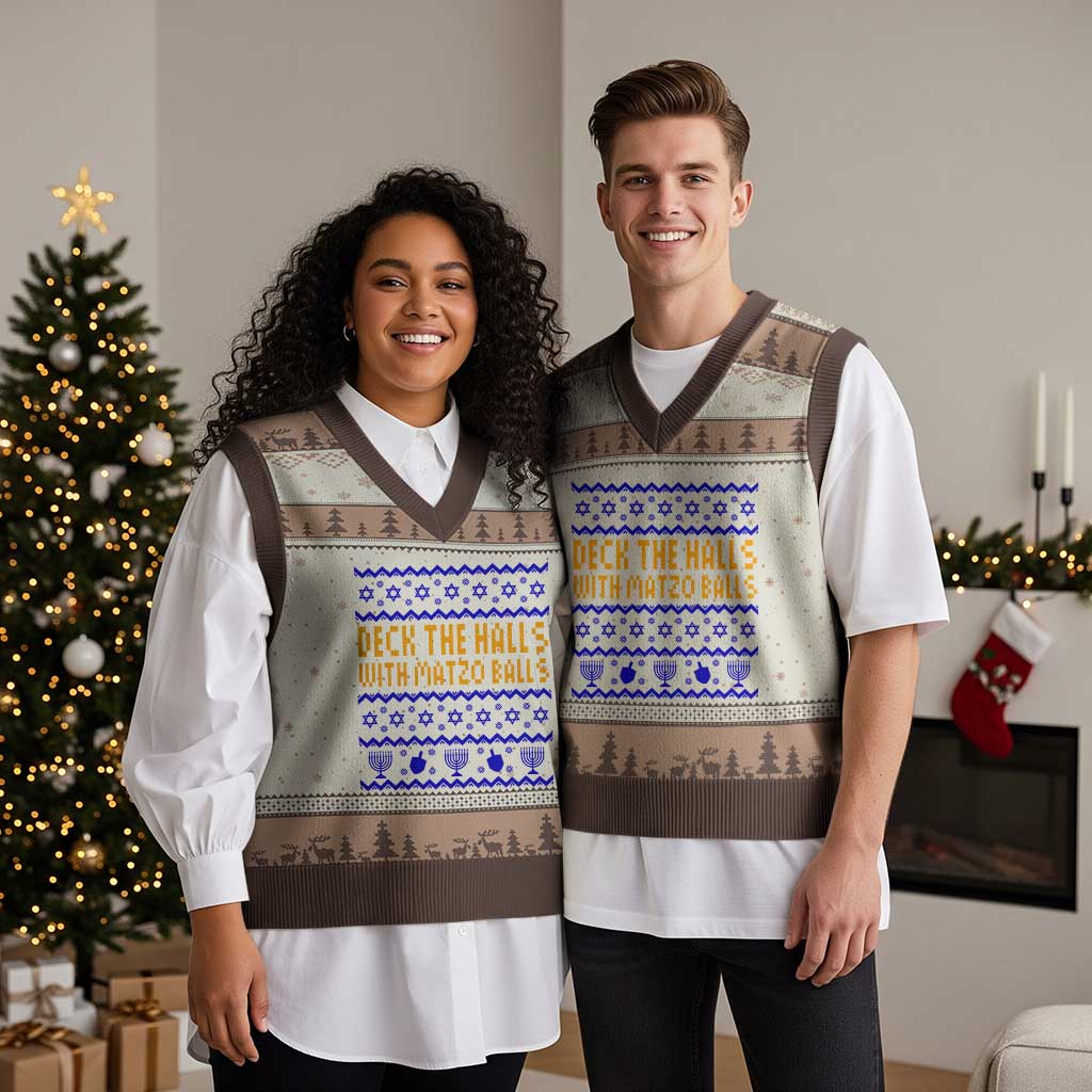 Funny Ugly Hanukkah V-Neck Knit Sweater Vest Deck The Halls With Matzo Balls Jewish Gift - Wonder Print Shop