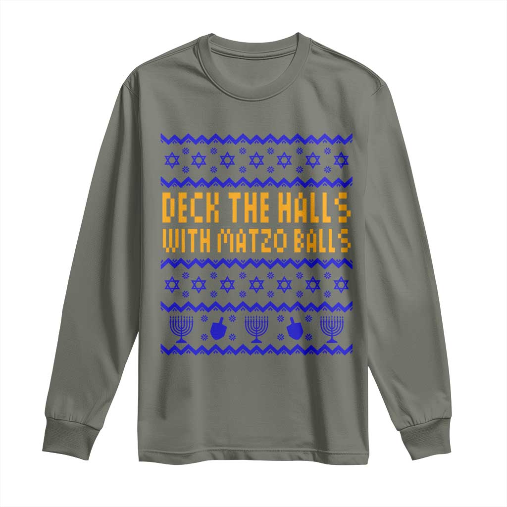 Funny Ugly Hanukkah Long Sleeve Shirt Deck The Halls With Matzo Balls Jewish Gift - Wonder Print Shop