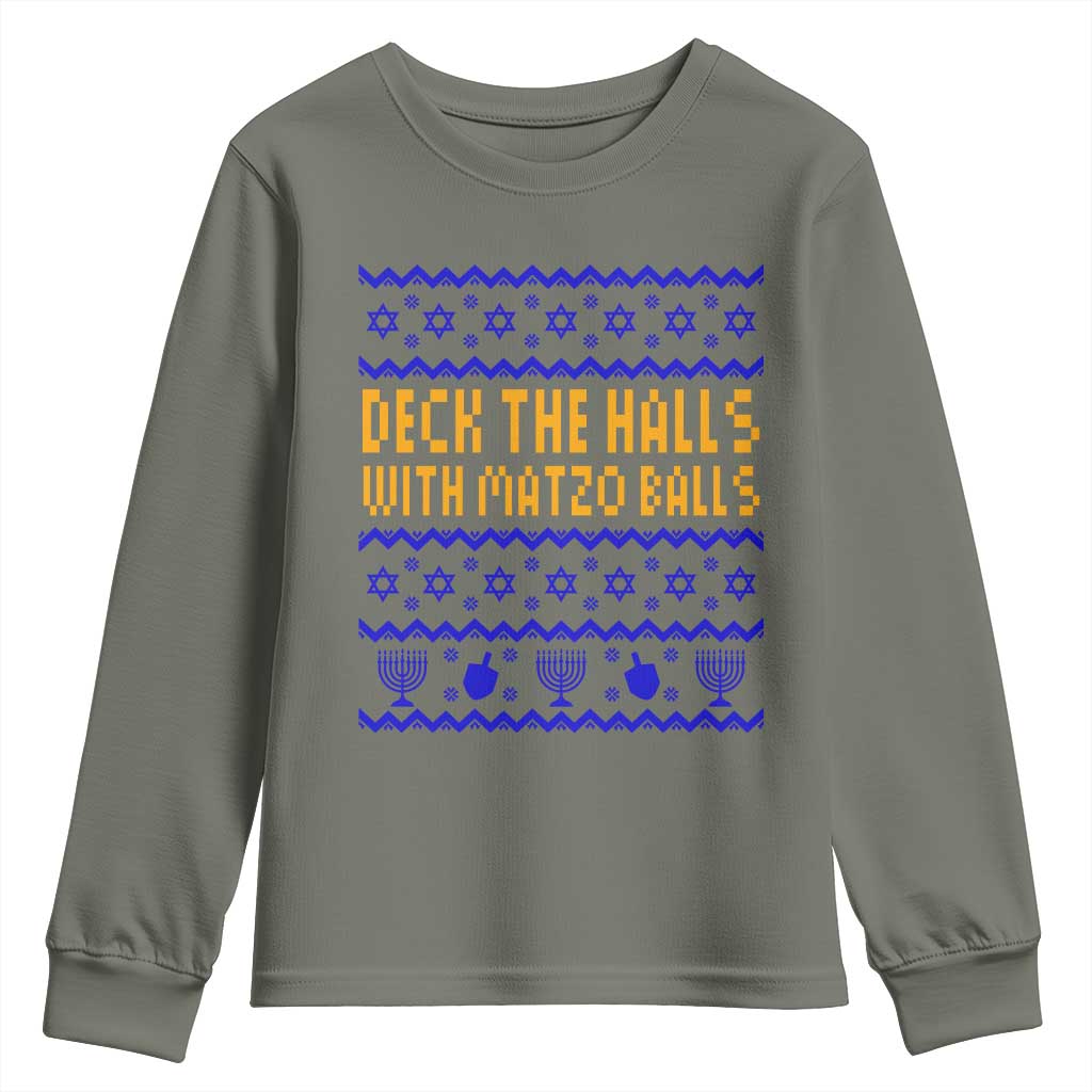 Funny Ugly Hanukkah Youth Sweatshirt Deck The Halls With Matzo Balls Jewish Gift - Wonder Print Shop