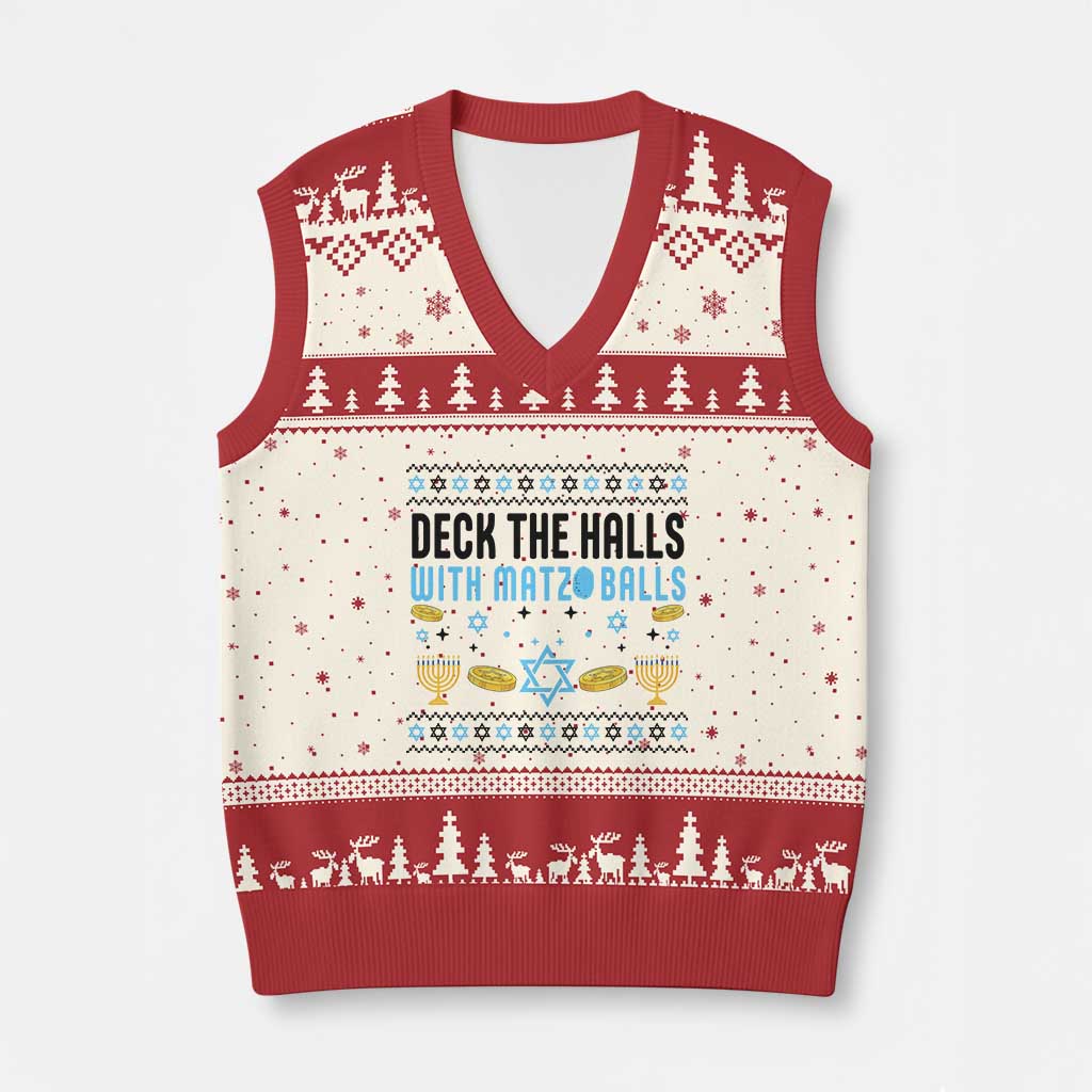 Deck The Halls With Matzo Balls V-Neck Knit Sweater Vest Funny Ugly Jewish Holiday Gift - Wonder Print Shop