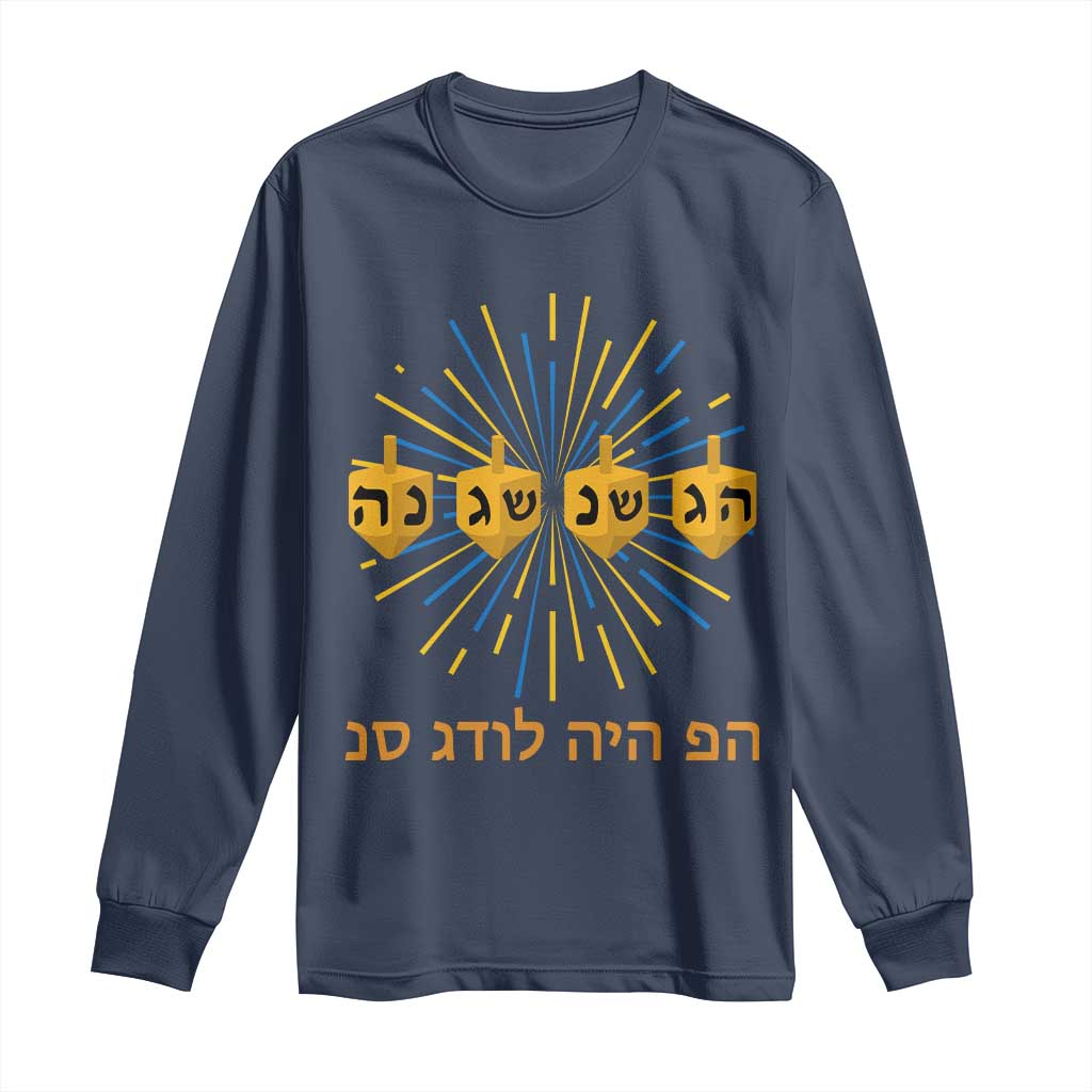 Hanukkah Dreidel Hebrew Quote Long Sleeve Shirt Nes Gadol Haya Po Jewish Gift - Wonder Print Shop