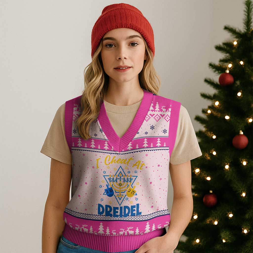 I Cheat At Dreidel V-Neck Knit Sweater Vest Funny Hanukkah Jewish Gift - Wonder Print Shop
