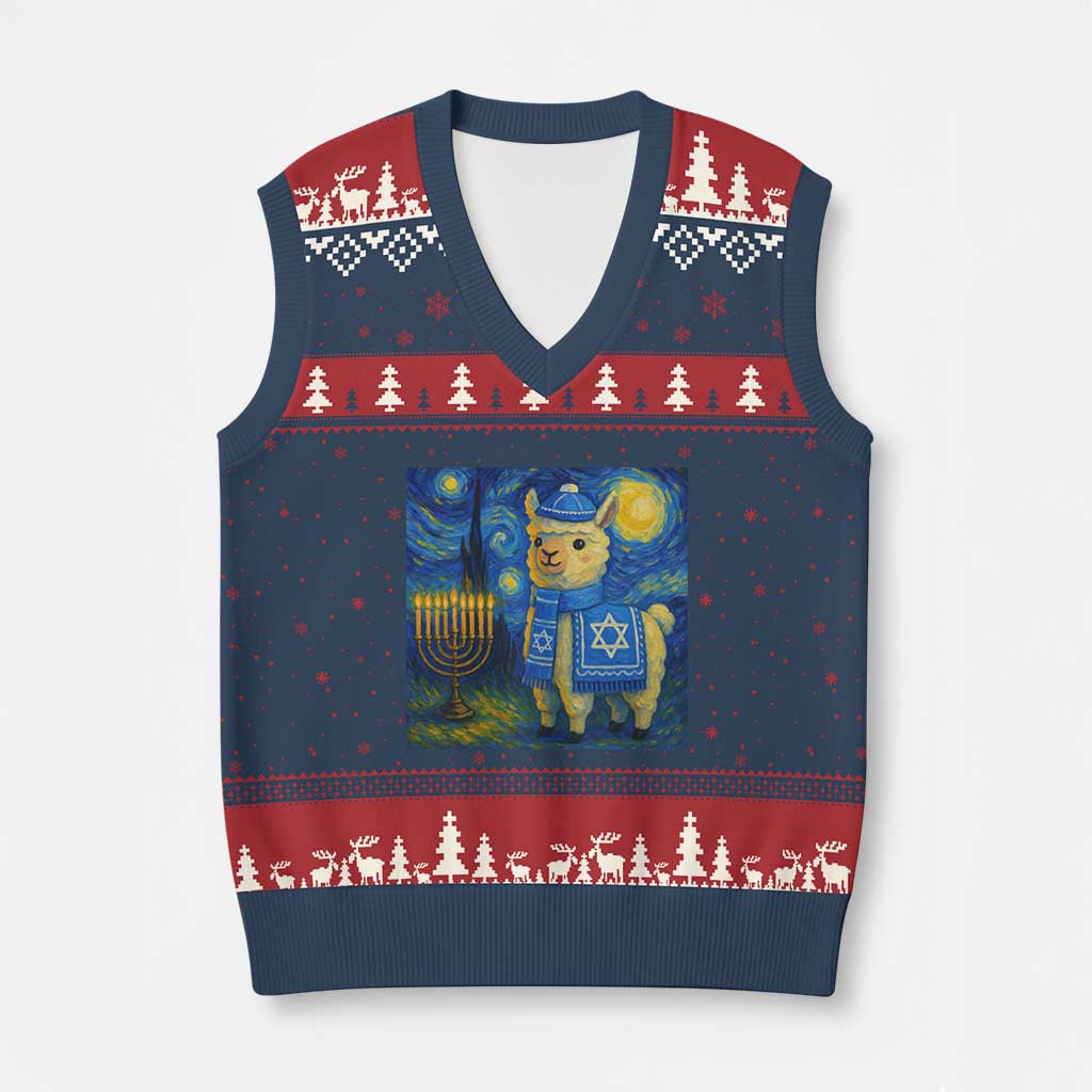 Starry Hanukkah Night V-Neck Knit Sweater Vest Funny Llama Jewish Holiday Gift - Wonder Print Shop
