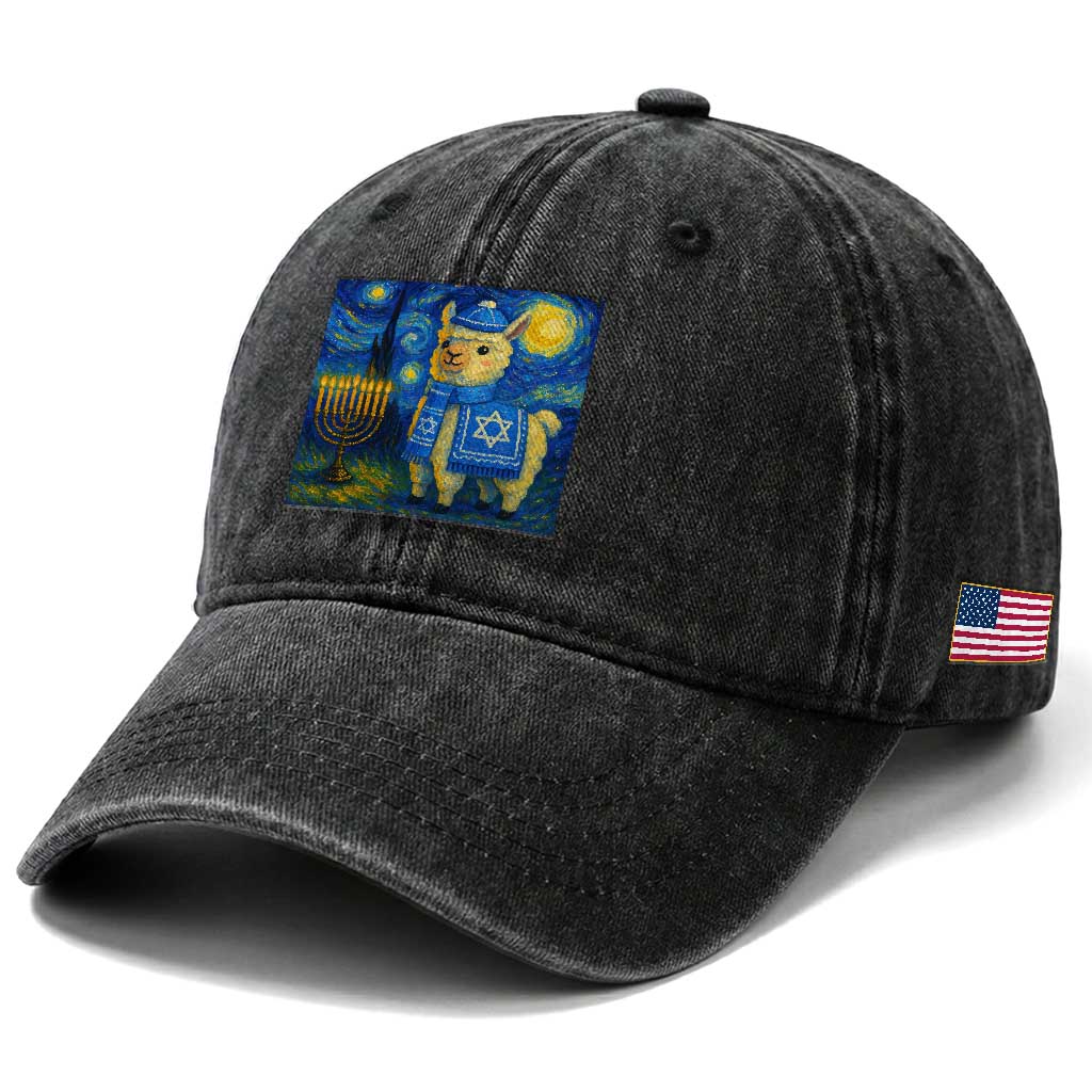 Starry Hanukkah Night Washed Cotton Baseball Cap Funny Llama Jewish Holiday Gift
