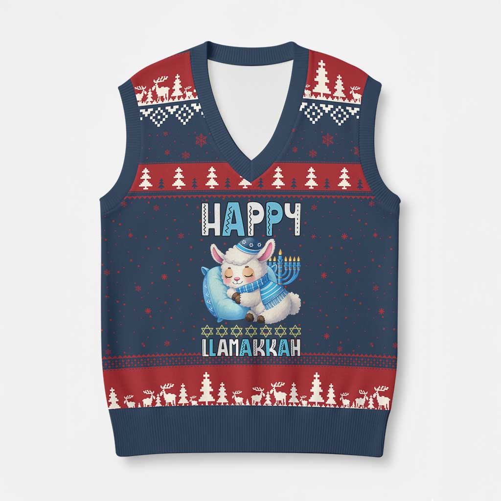 Funny Happy Llamakkah V-Neck Knit Sweater Vest Cute Llama Jewish Holiday Gift - Wonder Print Shop