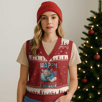Funny Happy Llamakkah V-Neck Knit Sweater Vest Cute Llama Jewish Holiday Gift - Wonder Print Shop
