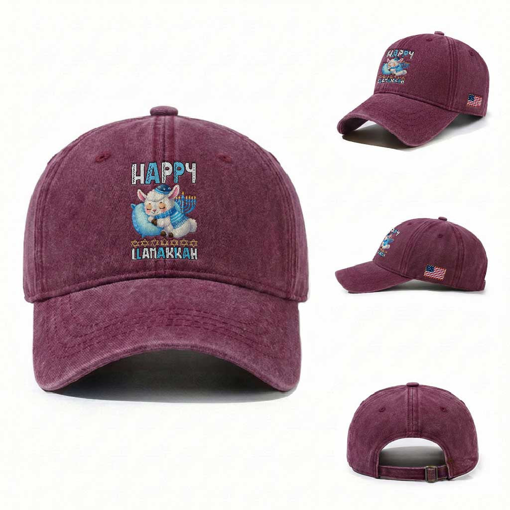 Funny Happy Llamakkah Washed Cotton Baseball Cap Cute Llama Jewish Holiday Gift