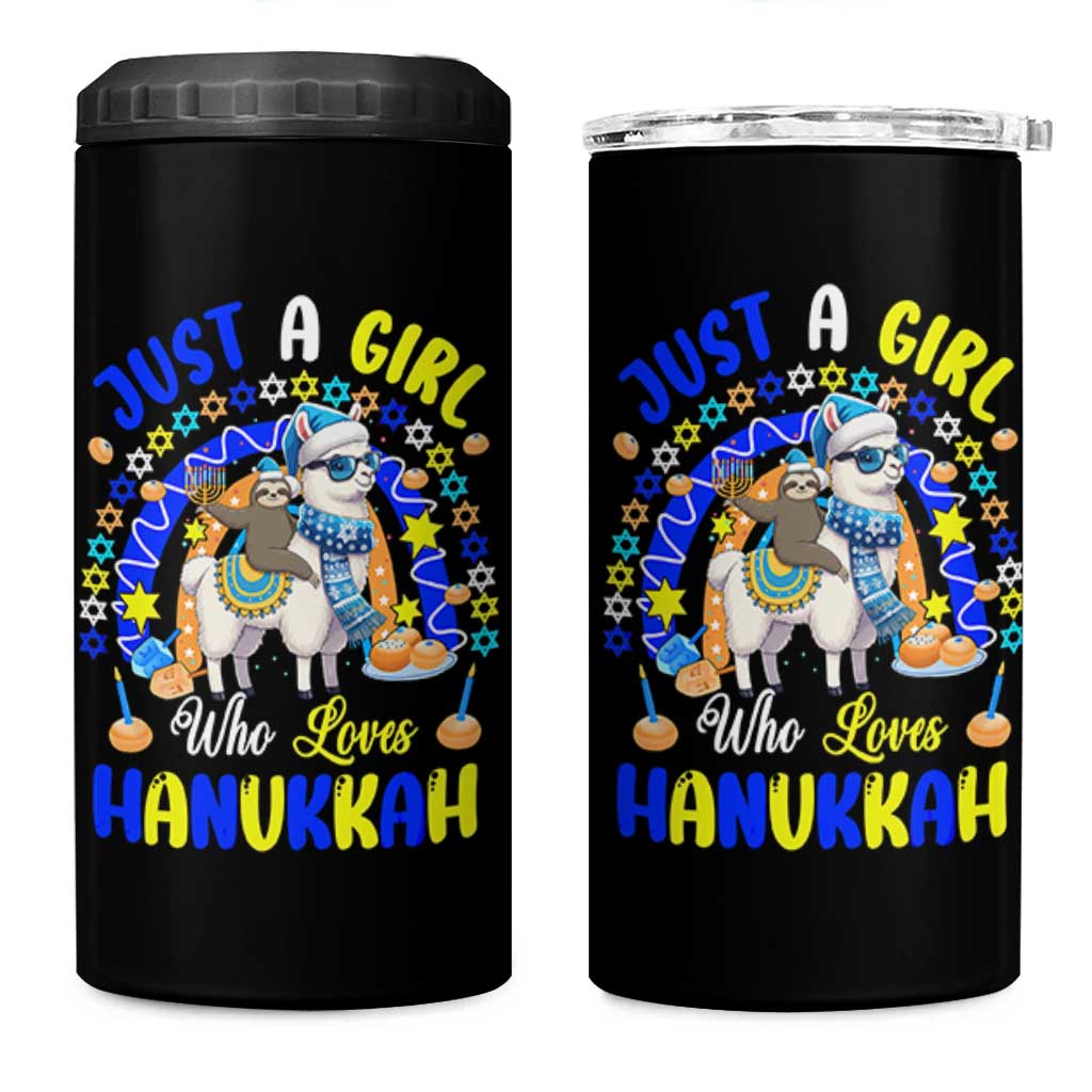 A Girl Loves Hanukkah 4 in 1 Can Cooler Tumbler Funny Sloth On Llama Jewish Holiday Gift - Wonder Print Shop