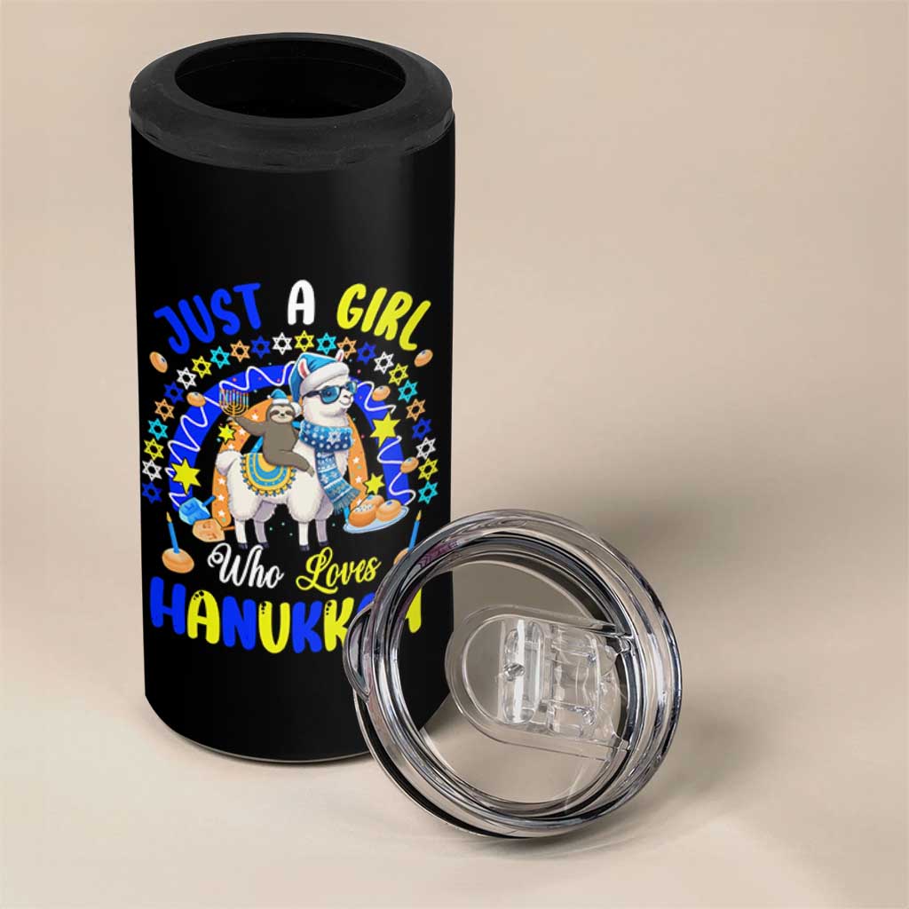 A Girl Loves Hanukkah 4 in 1 Can Cooler Tumbler Funny Sloth On Llama Jewish Holiday Gift - Wonder Print Shop