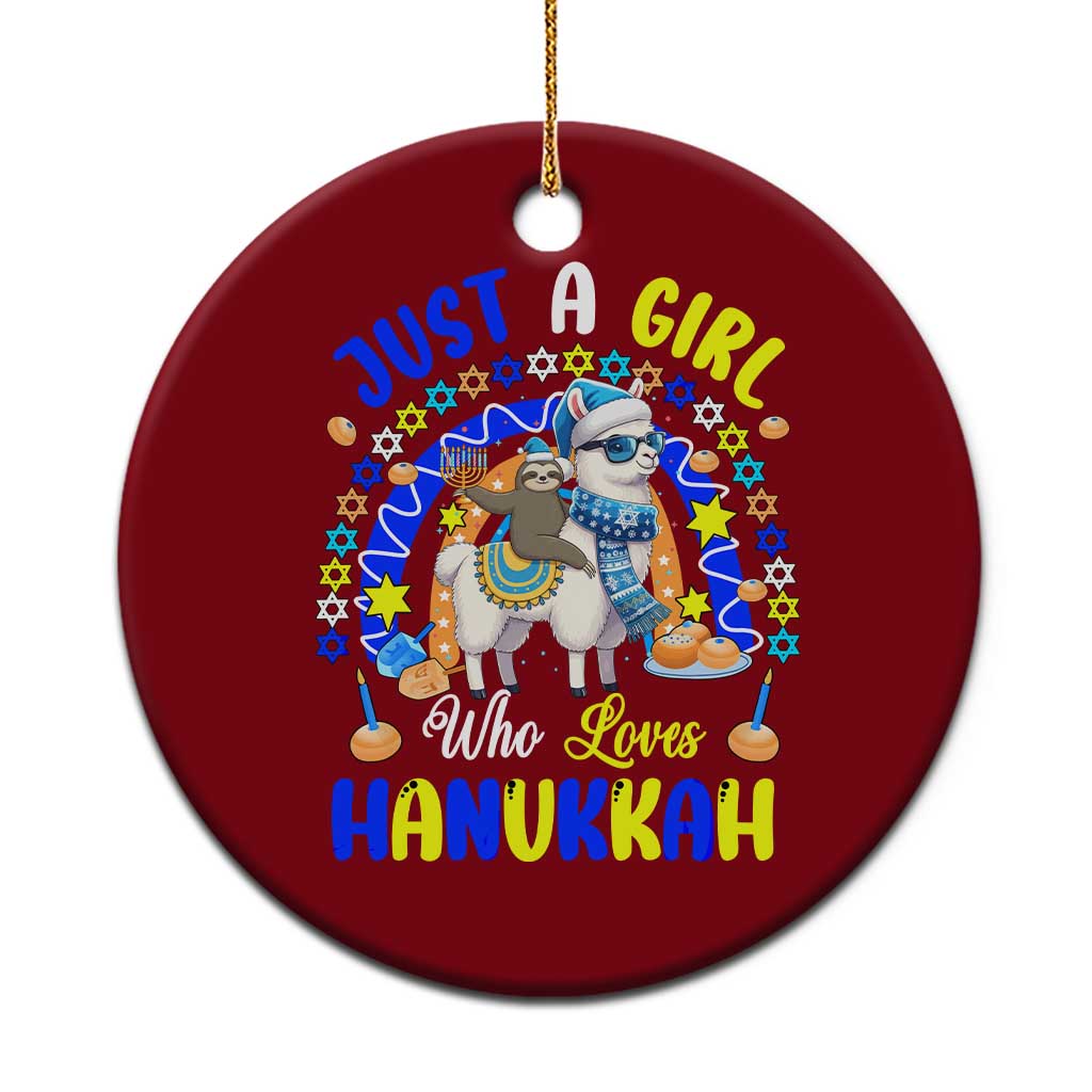 A Girl Loves Hanukkah Ceramic Ornament Funny Sloth On Llama Jewish Holiday Gift - Wonder Print Shop