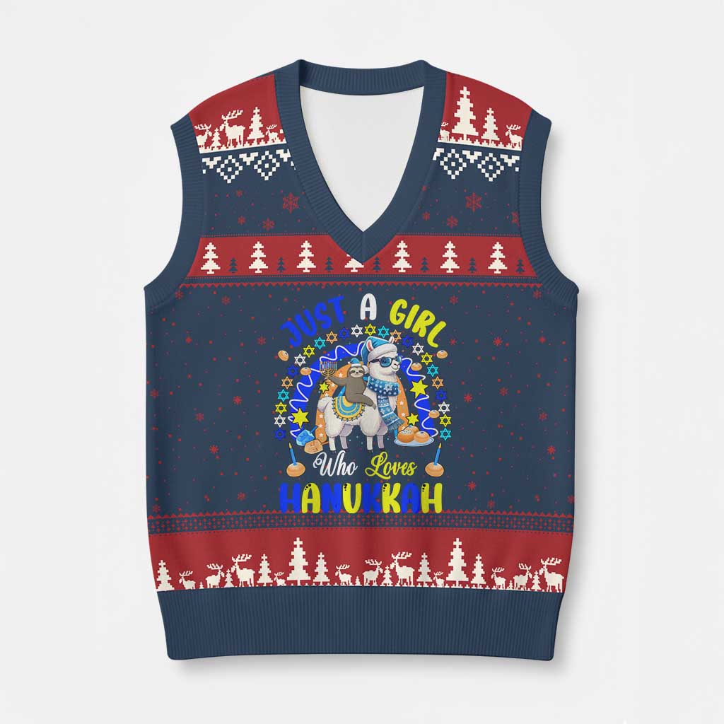 A Girl Loves Hanukkah V-Neck Knit Sweater Vest Funny Sloth On Llama Jewish Holiday Gift - Wonder Print Shop