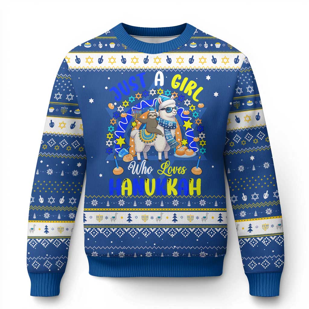 A Girl Loves Chanukkah Hanukkah Ugly Sweater Funny Sloth On Llama Jewish Holiday Gift - Wonder Print Shop