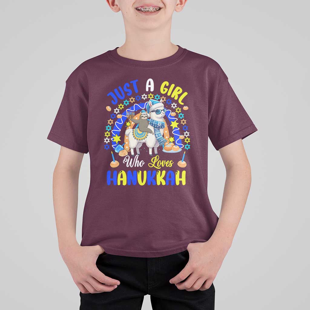 A Girl Loves Hanukkah T Shirt For Kid Funny Sloth On Llama Jewish Holiday Gift - Wonder Print Shop