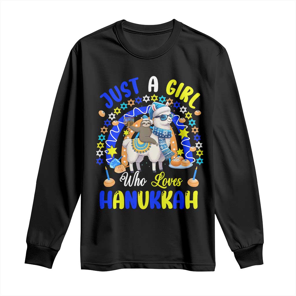 A Girl Loves Hanukkah Long Sleeve Shirt Funny Sloth On Llama Jewish Holiday Gift - Wonder Print Shop