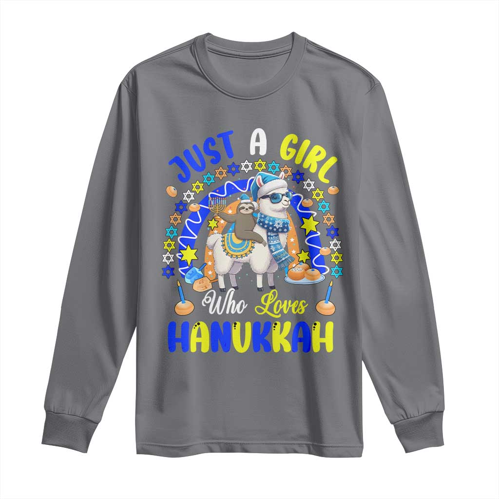 A Girl Loves Hanukkah Long Sleeve Shirt Funny Sloth On Llama Jewish Holiday Gift - Wonder Print Shop