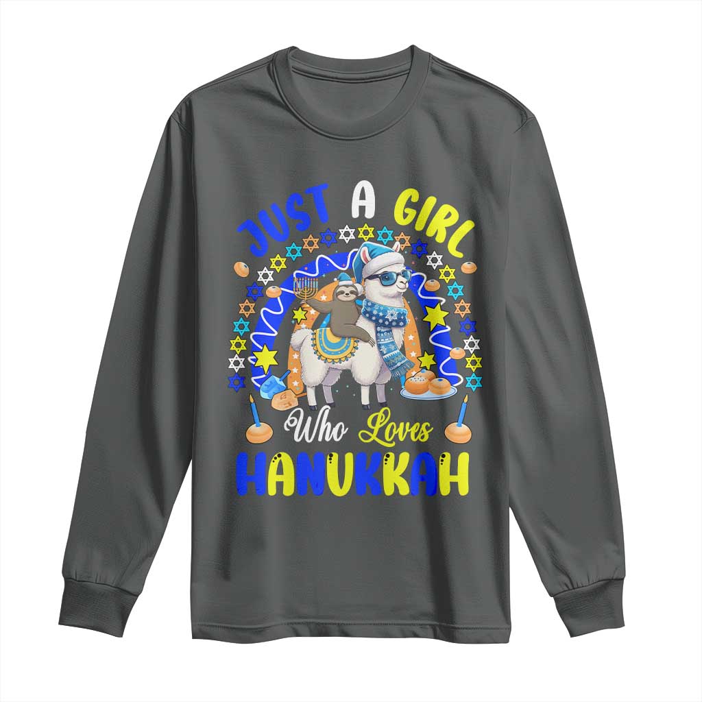 A Girl Loves Hanukkah Long Sleeve Shirt Funny Sloth On Llama Jewish Holiday Gift - Wonder Print Shop