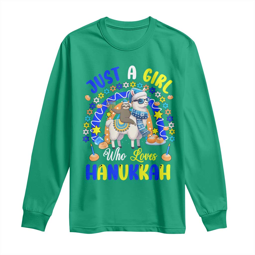 A Girl Loves Hanukkah Long Sleeve Shirt Funny Sloth On Llama Jewish Holiday Gift - Wonder Print Shop