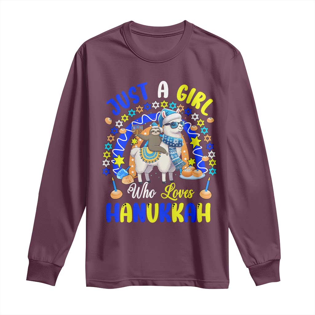 A Girl Loves Hanukkah Long Sleeve Shirt Funny Sloth On Llama Jewish Holiday Gift - Wonder Print Shop