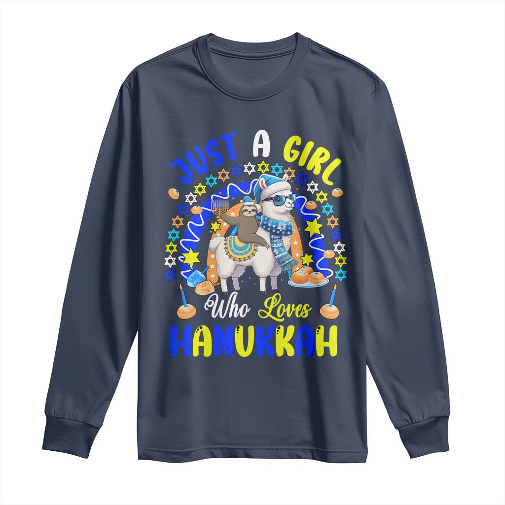 A Girl Loves Hanukkah Long Sleeve Shirt Funny Sloth On Llama Jewish Holiday Gift - Wonder Print Shop