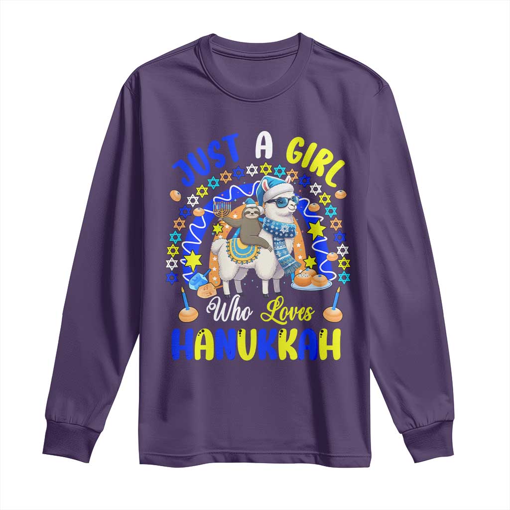 A Girl Loves Hanukkah Long Sleeve Shirt Funny Sloth On Llama Jewish Holiday Gift - Wonder Print Shop
