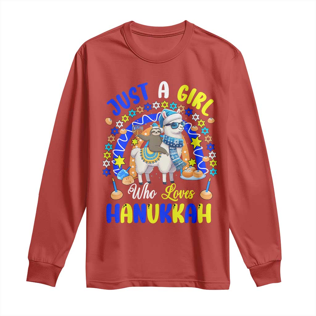 A Girl Loves Hanukkah Long Sleeve Shirt Funny Sloth On Llama Jewish Holiday Gift - Wonder Print Shop