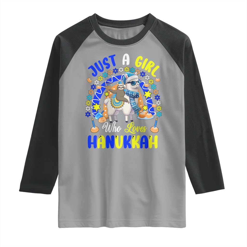 A Girl Loves Hanukkah Raglan Shirt Funny Sloth On Llama Jewish Holiday Gift - Wonder Print Shop
