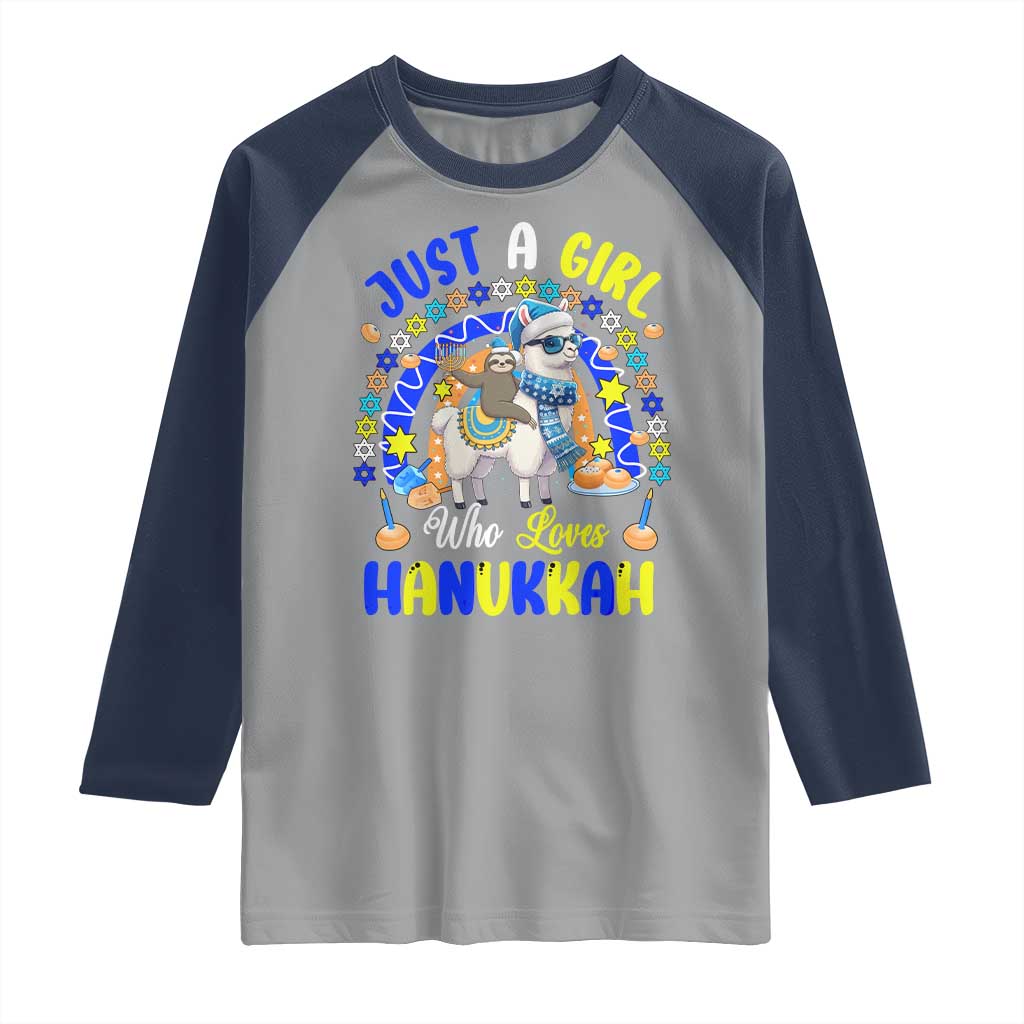 A Girl Loves Hanukkah Raglan Shirt Funny Sloth On Llama Jewish Holiday Gift - Wonder Print Shop