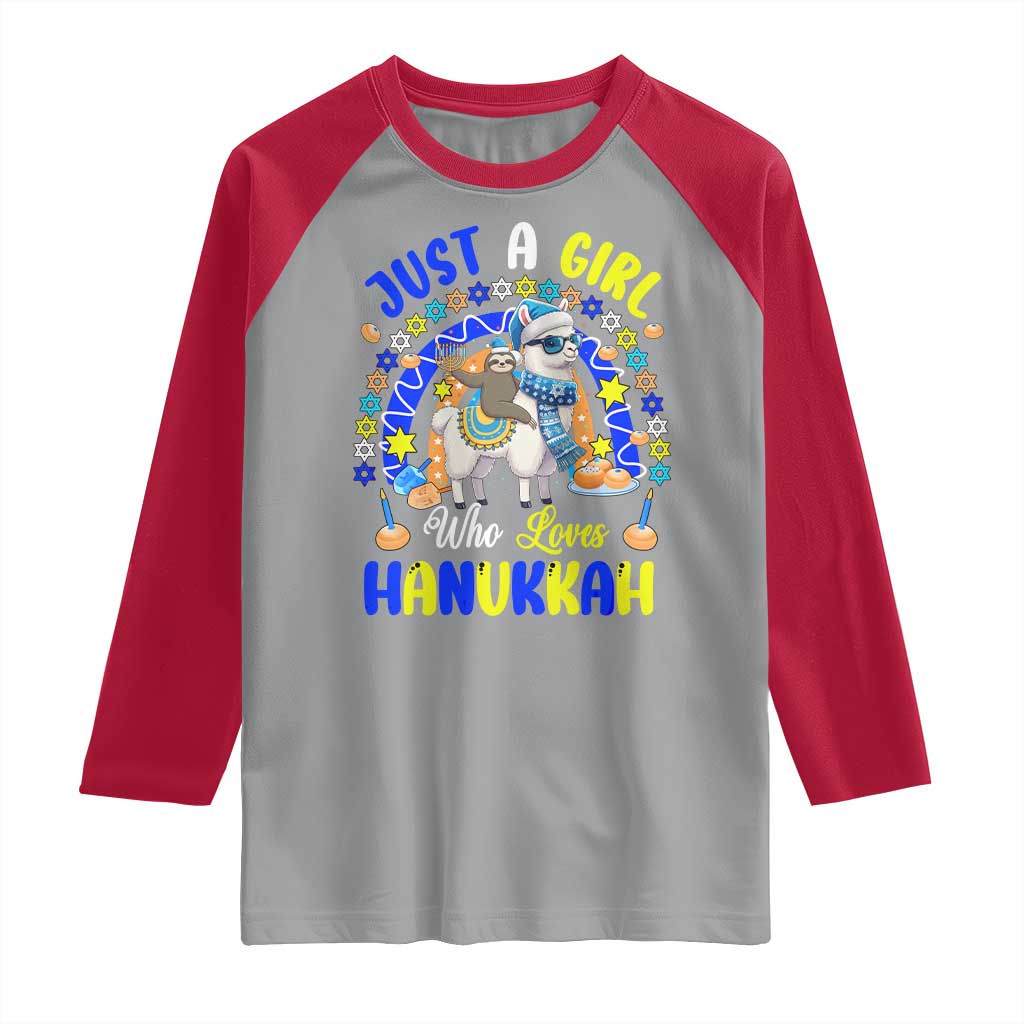 A Girl Loves Hanukkah Raglan Shirt Funny Sloth On Llama Jewish Holiday Gift - Wonder Print Shop