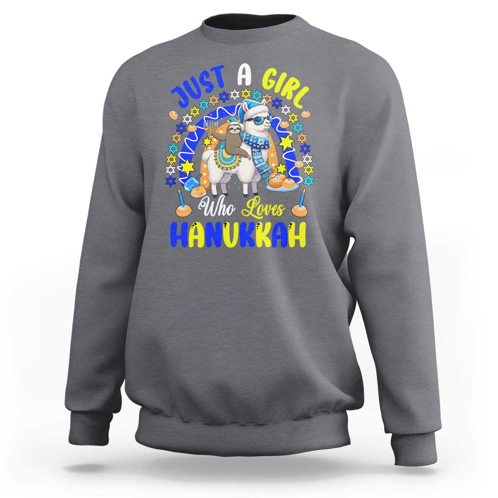 A Girl Loves Hanukkah Sweatshirt Funny Sloth On Llama Jewish Holiday Gift - Wonder Print Shop