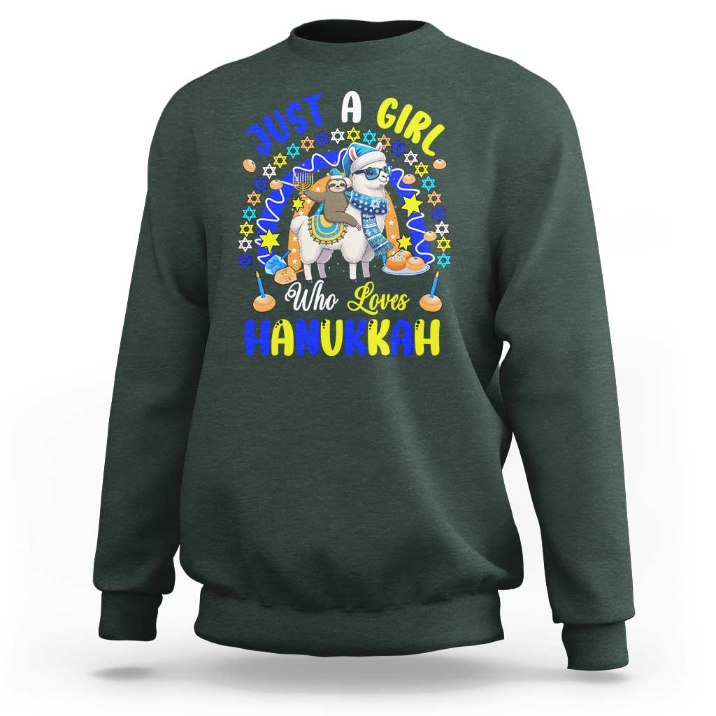A Girl Loves Hanukkah Sweatshirt Funny Sloth On Llama Jewish Holiday Gift - Wonder Print Shop