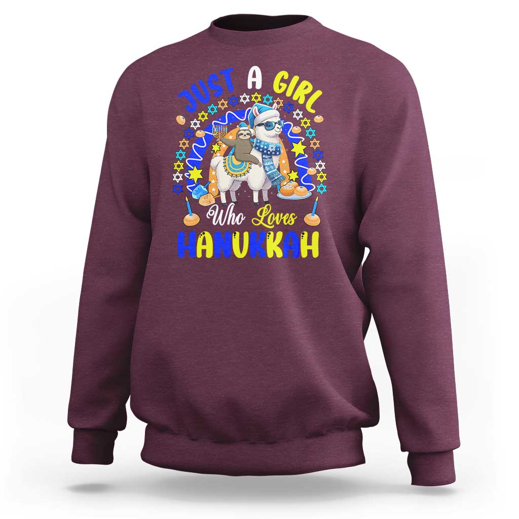 A Girl Loves Hanukkah Sweatshirt Funny Sloth On Llama Jewish Holiday Gift - Wonder Print Shop