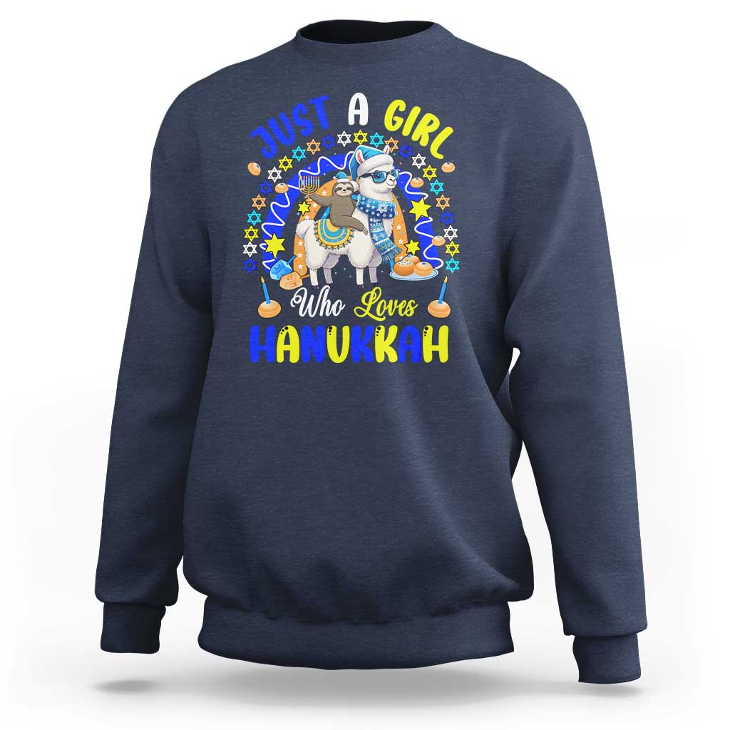 A Girl Loves Hanukkah Sweatshirt Funny Sloth On Llama Jewish Holiday Gift - Wonder Print Shop