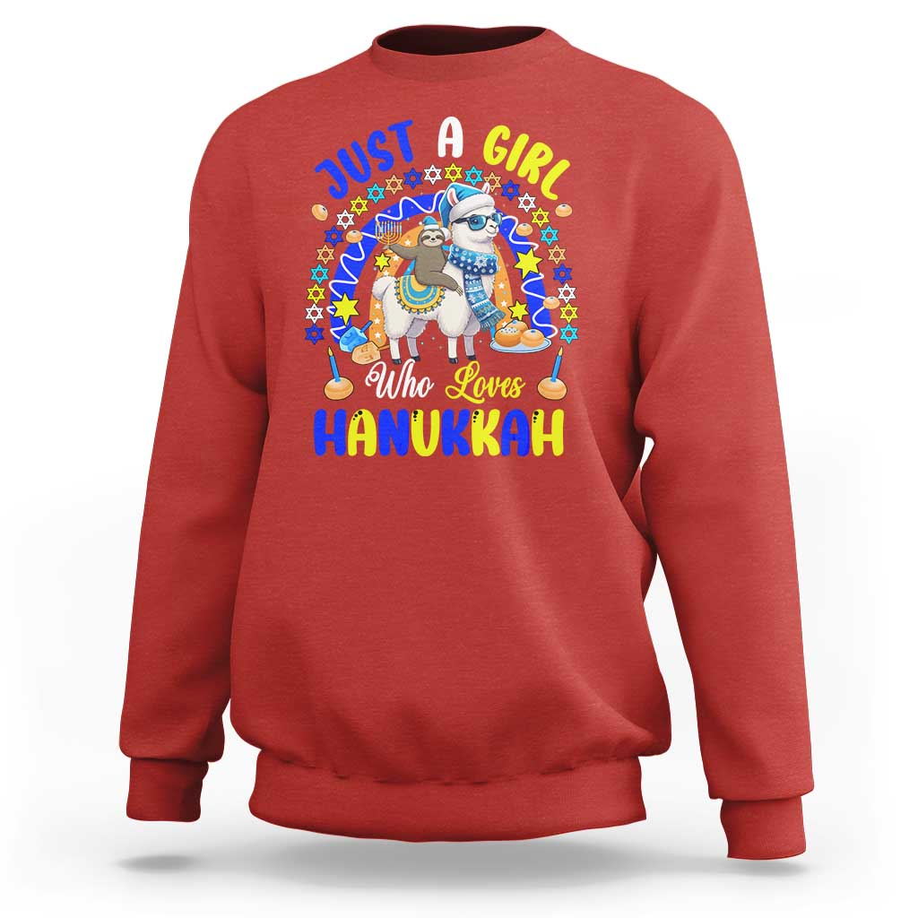 A Girl Loves Hanukkah Sweatshirt Funny Sloth On Llama Jewish Holiday Gift - Wonder Print Shop