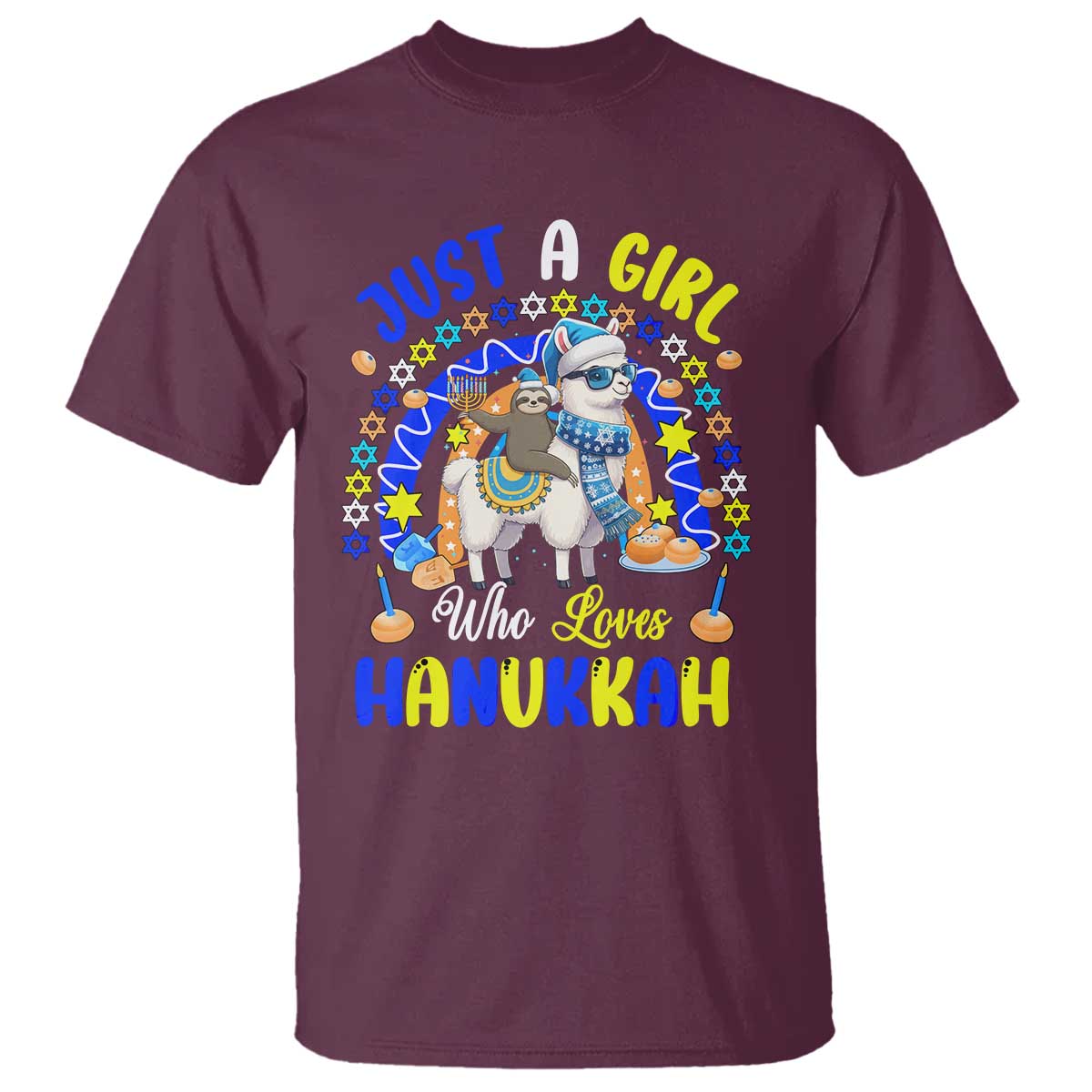 A Girl Loves Hanukkah T Shirt Funny Sloth On Llama Jewish Holiday Gift - Wonder Print Shop