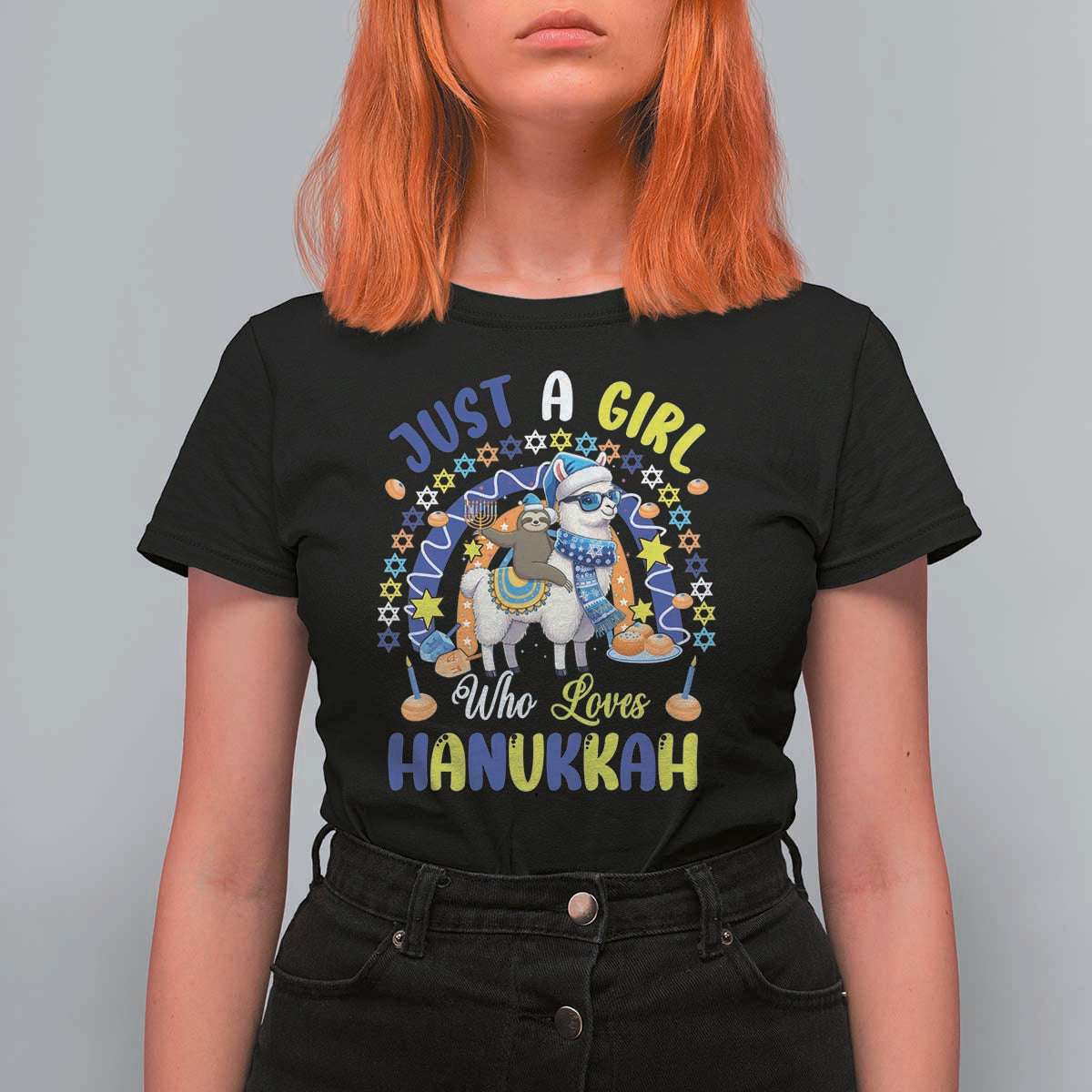 A Girl Loves Hanukkah T Shirt For Women Funny Sloth On Llama Jewish Holiday Gift - Wonder Print Shop