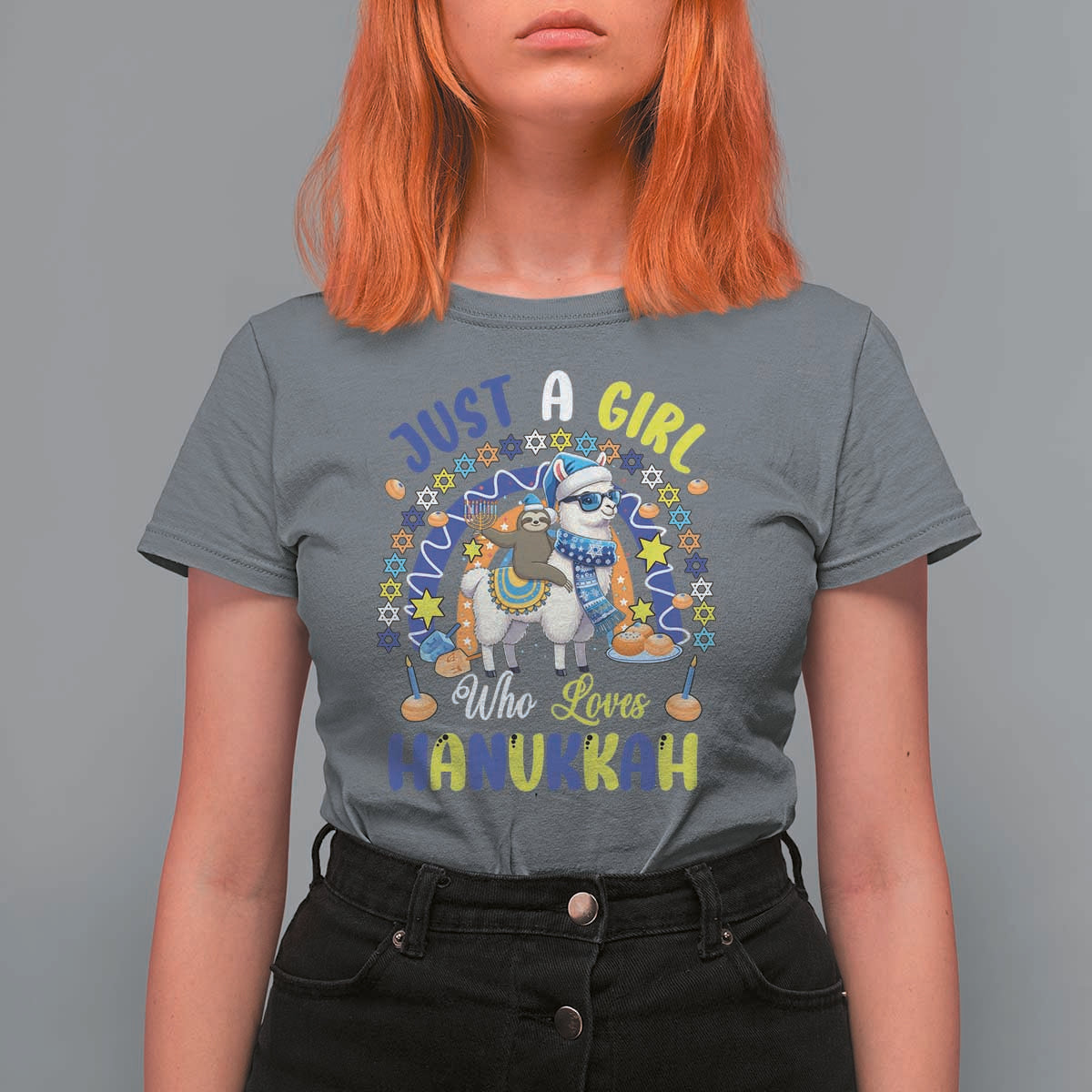 A Girl Loves Hanukkah T Shirt For Women Funny Sloth On Llama Jewish Holiday Gift - Wonder Print Shop