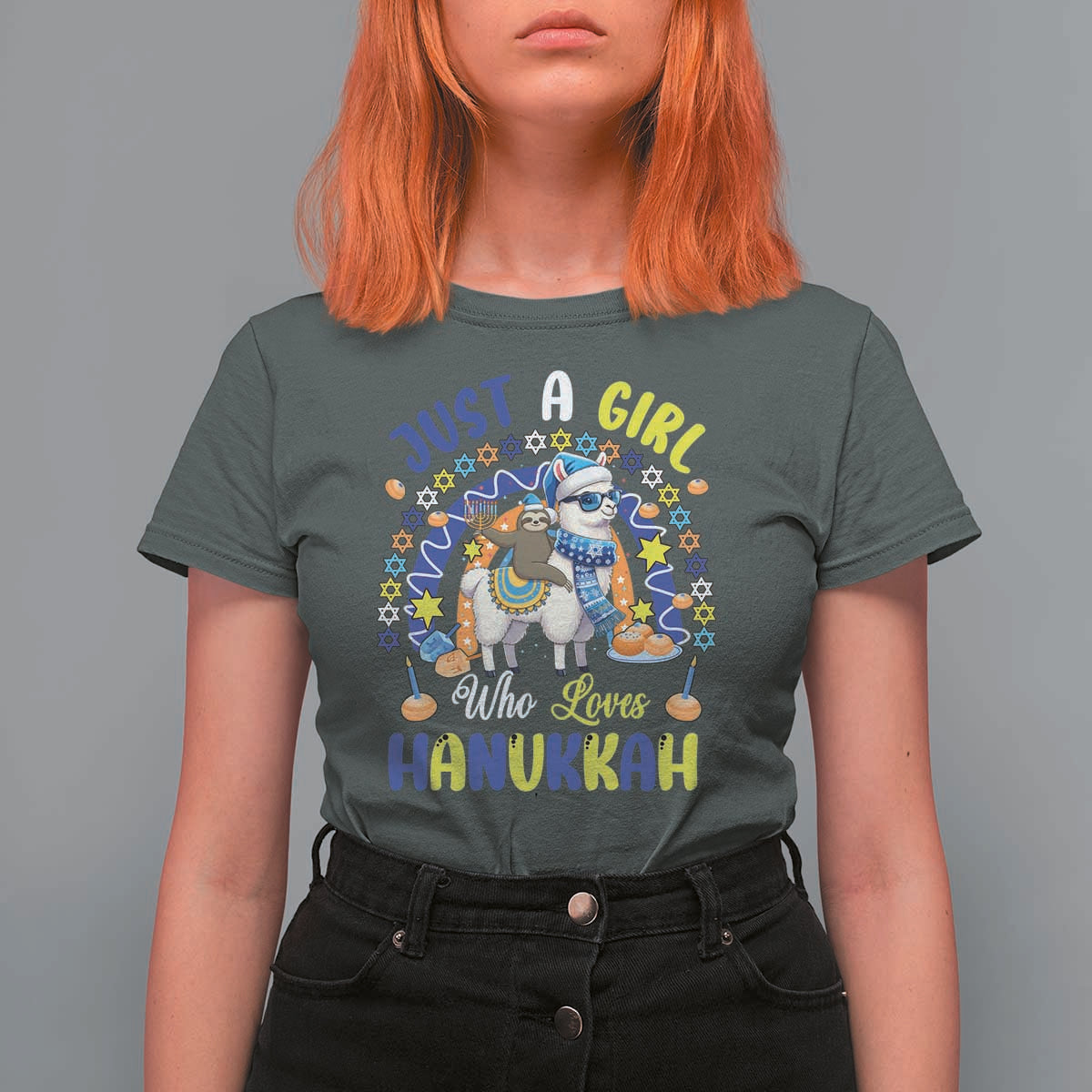 A Girl Loves Hanukkah T Shirt For Women Funny Sloth On Llama Jewish Holiday Gift - Wonder Print Shop