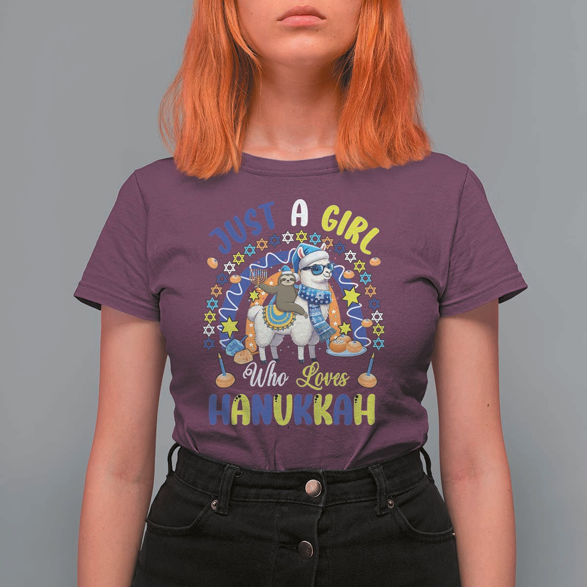 A Girl Loves Hanukkah T Shirt For Women Funny Sloth On Llama Jewish Holiday Gift - Wonder Print Shop