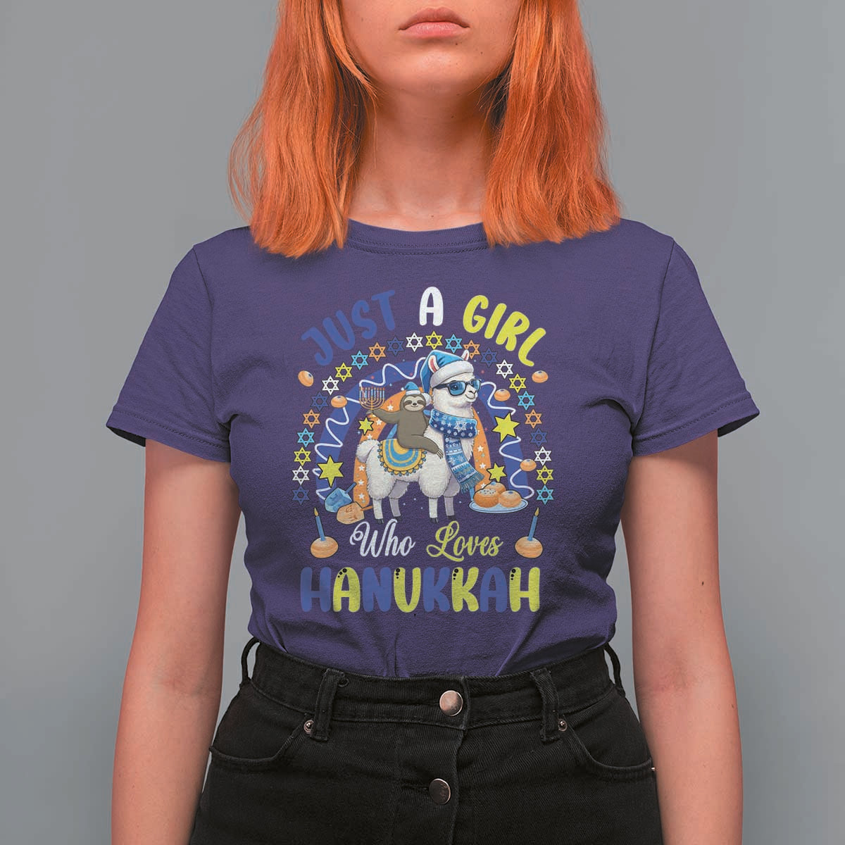 A Girl Loves Hanukkah T Shirt For Women Funny Sloth On Llama Jewish Holiday Gift - Wonder Print Shop