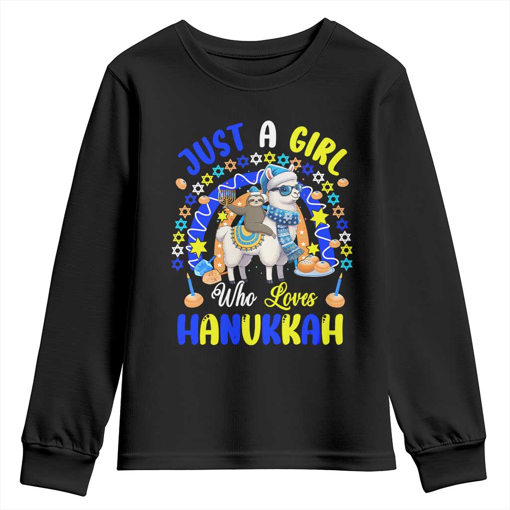 A Girl Loves Hanukkah Youth Sweatshirt Funny Sloth On Llama Jewish Holiday Gift - Wonder Print Shop