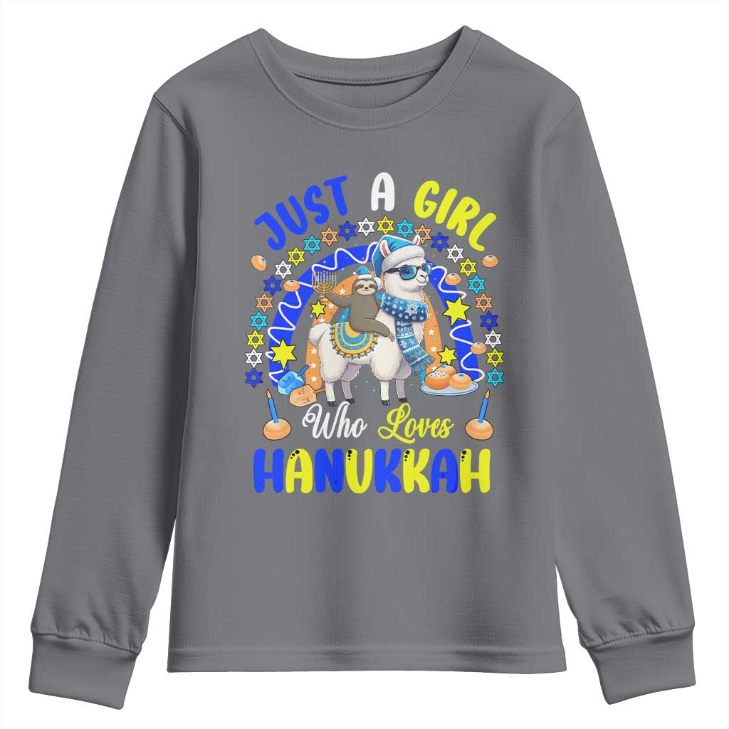 A Girl Loves Hanukkah Youth Sweatshirt Funny Sloth On Llama Jewish Holiday Gift - Wonder Print Shop