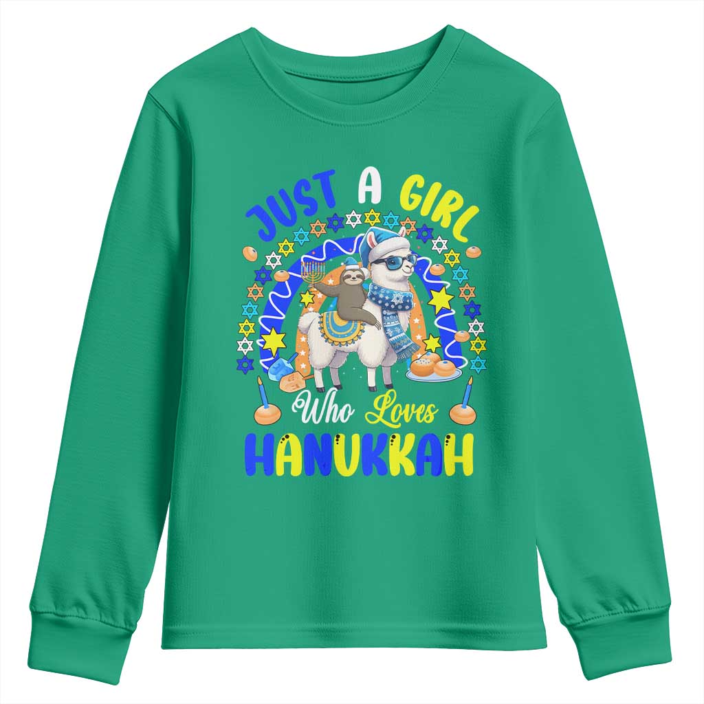 A Girl Loves Hanukkah Youth Sweatshirt Funny Sloth On Llama Jewish Holiday Gift - Wonder Print Shop