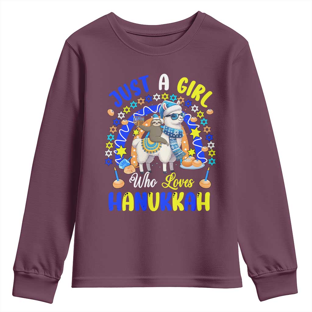 A Girl Loves Hanukkah Youth Sweatshirt Funny Sloth On Llama Jewish Holiday Gift - Wonder Print Shop