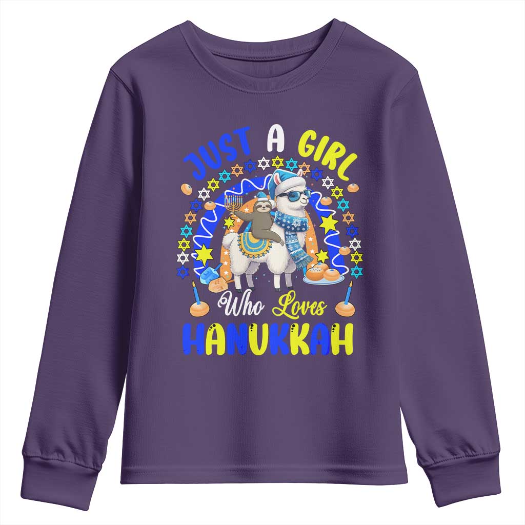 A Girl Loves Hanukkah Youth Sweatshirt Funny Sloth On Llama Jewish Holiday Gift - Wonder Print Shop
