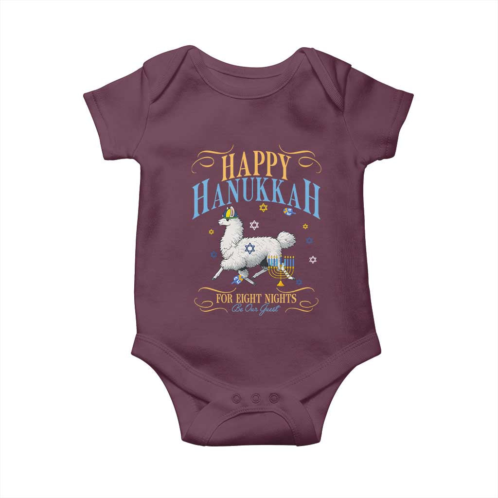 Funny Happy Hanukkah Llama Be Our Guest For Eight Nights Gift Baby Onesie Funny Hanukkah Gift - Wonder Print Shop