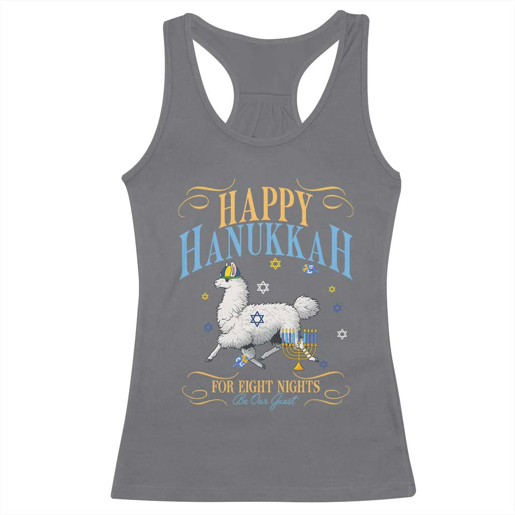 Funny Happy Hanukkah Llama Be Our Guest For Eight Nights Gift Racerback Tank Top Funny Hanukkah Gift - Wonder Print Shop